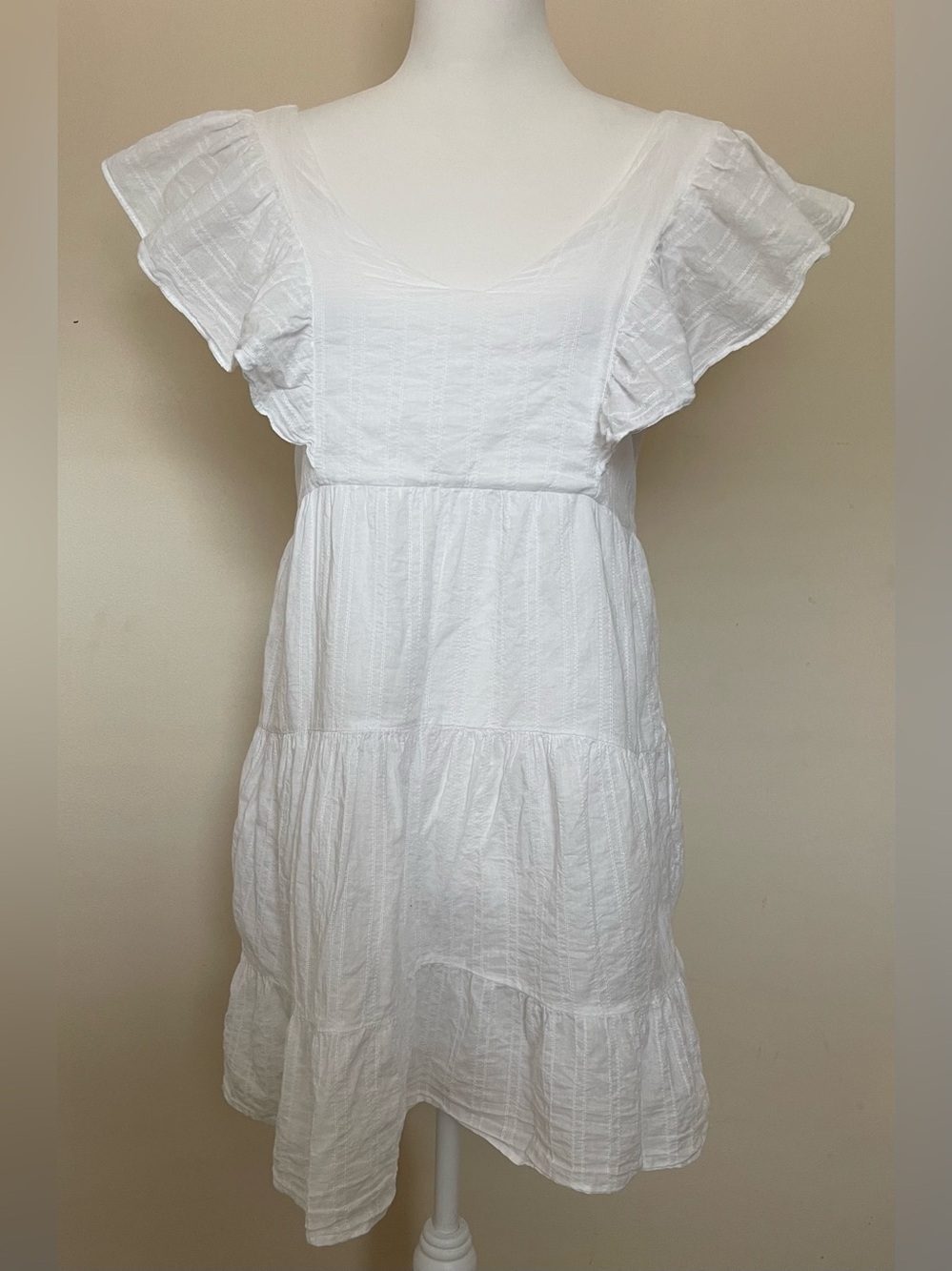 Forever 21 Boho White Flutter Sleeve Tiered 100% Cotton Mini Dress, Size S